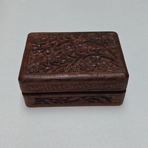VTG Hand Carved Wooden Floral Trinket Box Blue Velvet Lined Keepsake